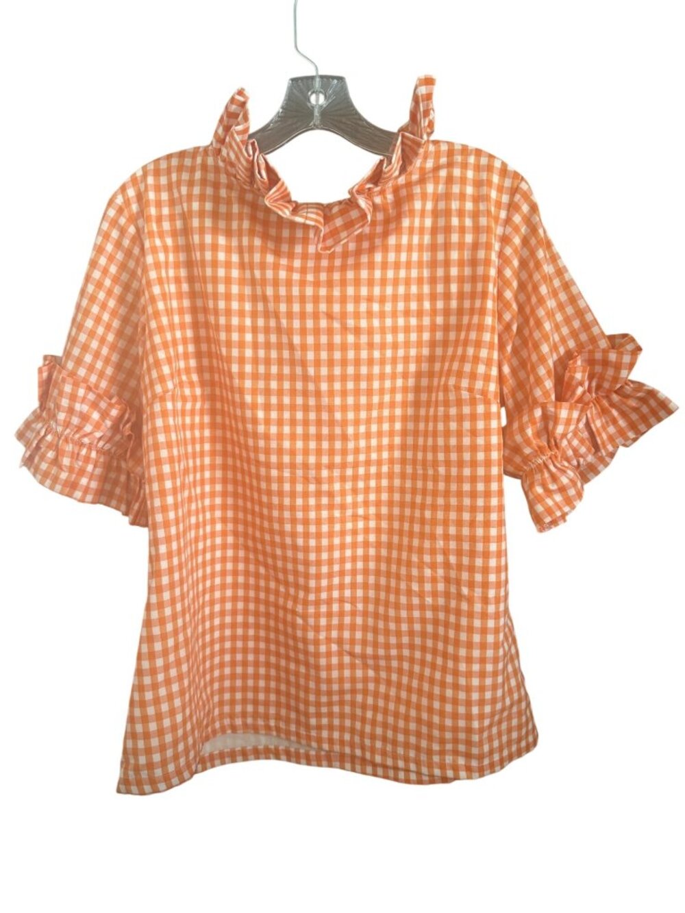 Orange Gingham Ruffle Neck Top With Tiered Sleeves By Elizabeth Wilson XL